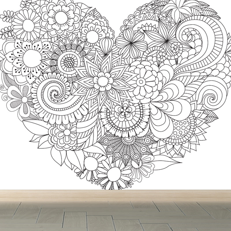 Full Size Cartoon Wallpaper Mural Black and White Hand Print Landscape Wall Covering, Custom Made Black Design 4 Clearhalo 'Wall Decor' 'Wall Mural' 1807583