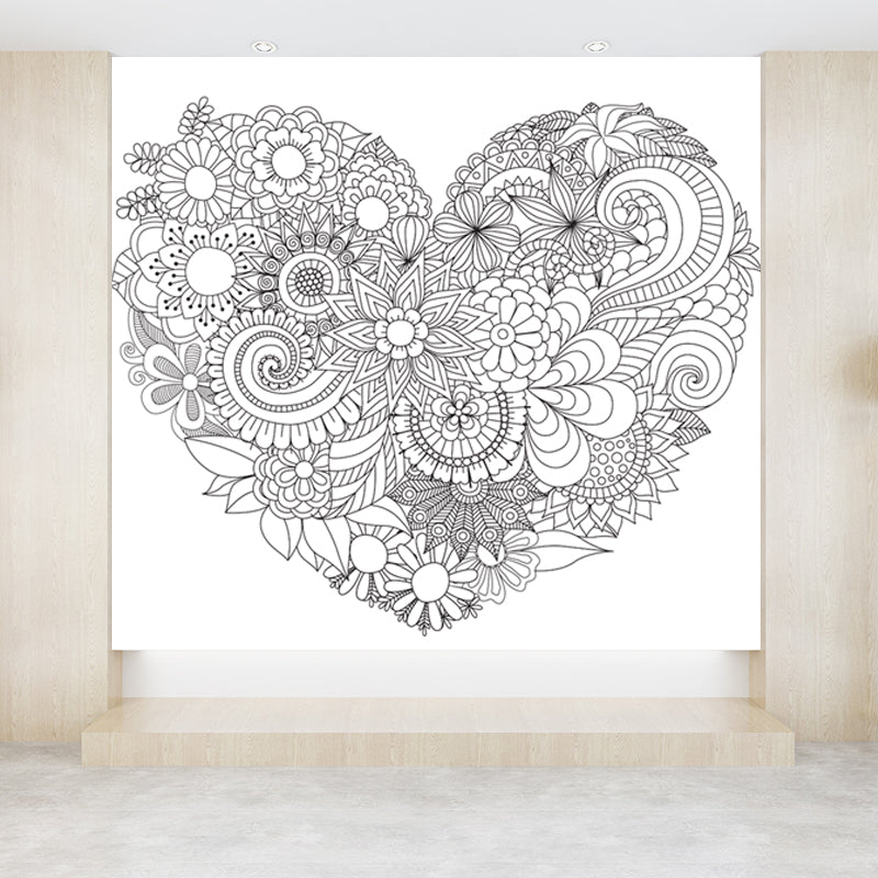Full Size Cartoon Wallpaper Mural Black and White Hand Print Landscape Wall Covering, Custom Made Clearhalo 'Wall Decor' 'Wall Mural' 1807584