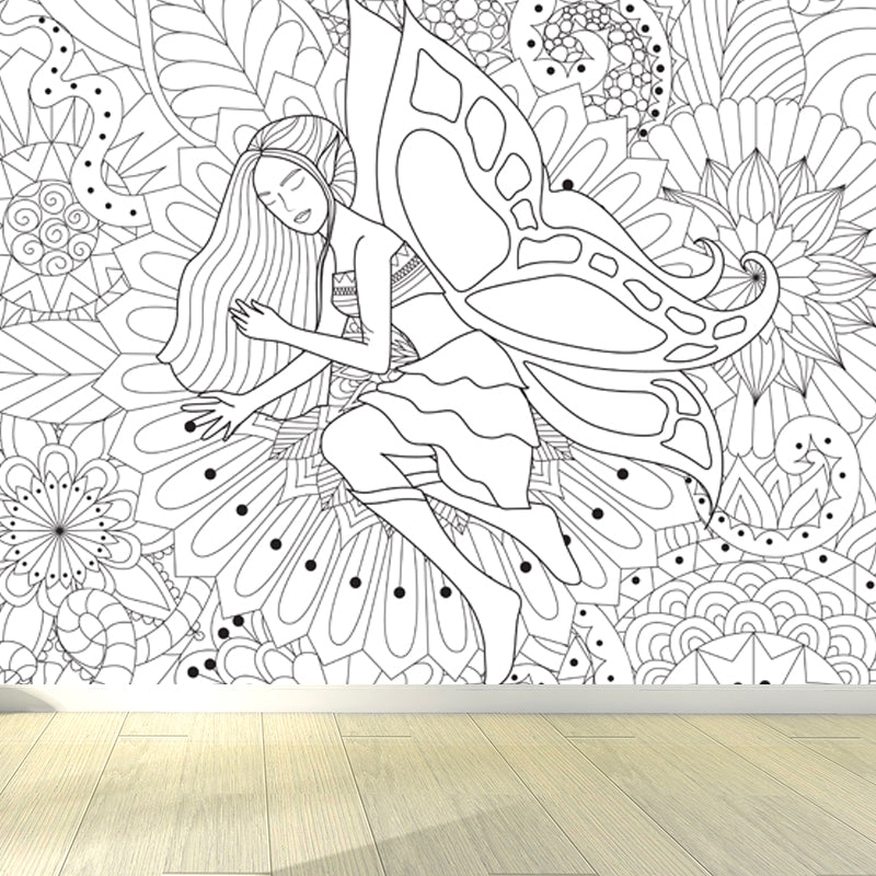 Full Size Cartoon Wallpaper Mural Black and White Hand Print Landscape Wall Covering, Custom Made Black Design 5 Clearhalo 'Wall Decor' 'Wall Mural' 1807588