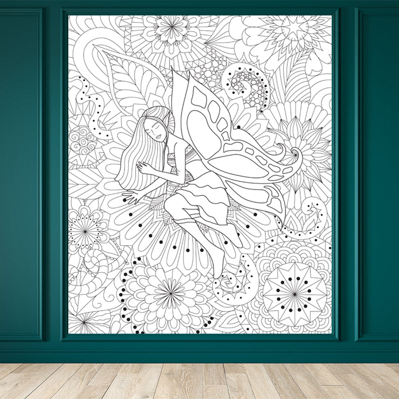 Full Size Cartoon Wallpaper Mural Black and White Hand Print Landscape Wall Covering, Custom Made Clearhalo 'Wall Decor' 'Wall Mural' 1807589