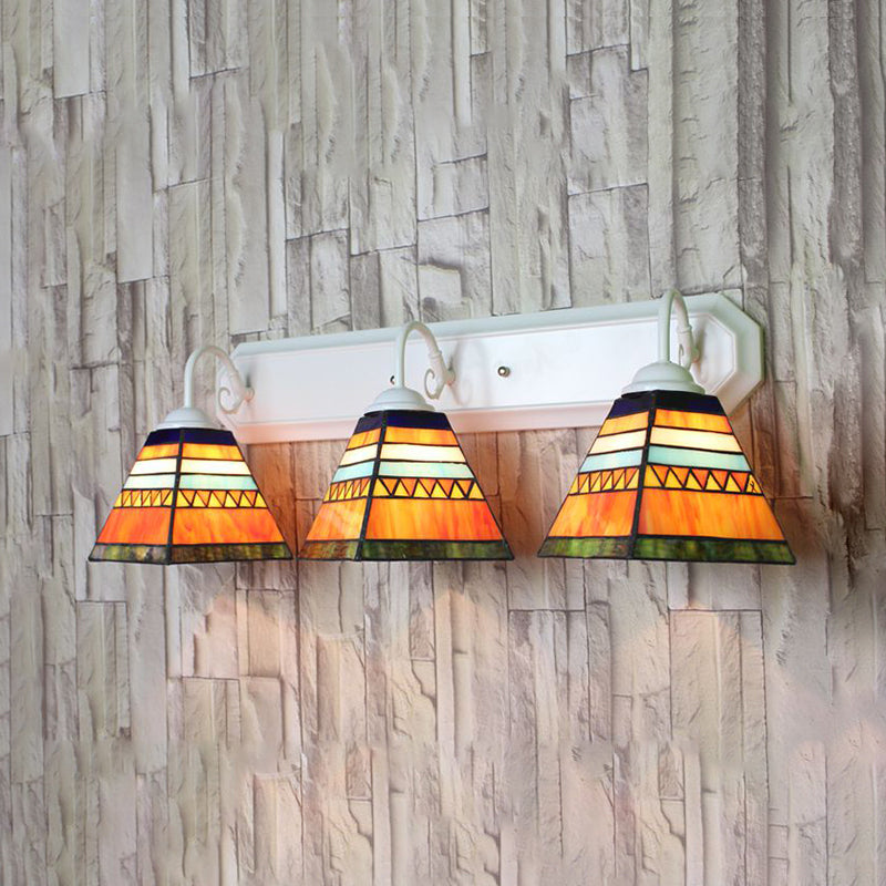 Pyramid Stained Glass Sconce Light Fixture Tiffany 3 Heads Orange Wall Mount Light Clearhalo 'Industrial' 'Middle century wall lights' 'Tiffany wall lights' 'Tiffany' 'Wall Lamps & Sconces' 'Wall Lights' Lighting' 180759