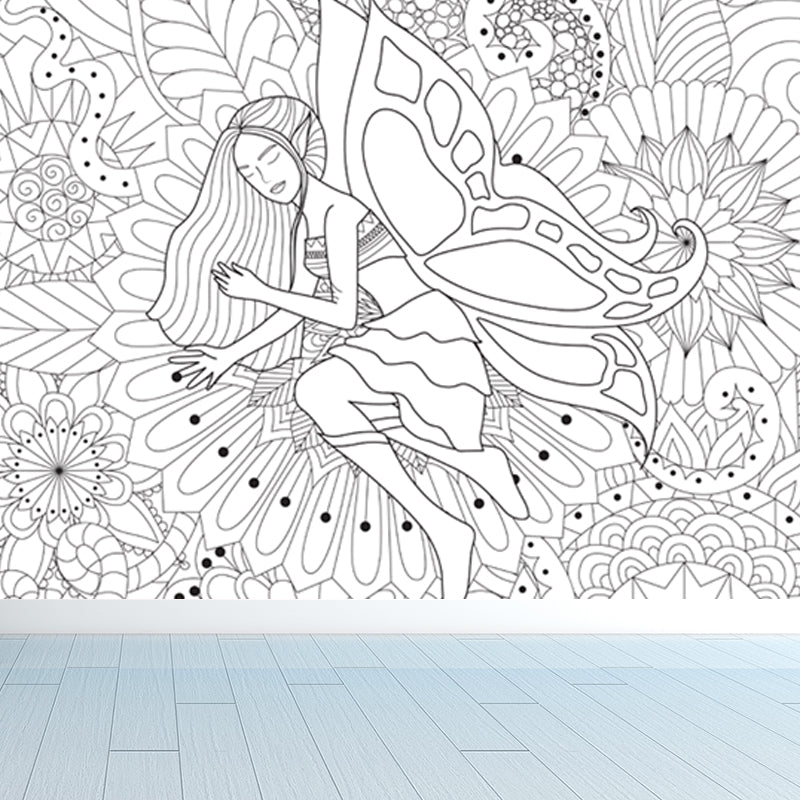 Full Size Cartoon Wallpaper Mural Black and White Hand Print Landscape Wall Covering, Custom Made Clearhalo 'Wall Decor' 'Wall Mural' 1807590