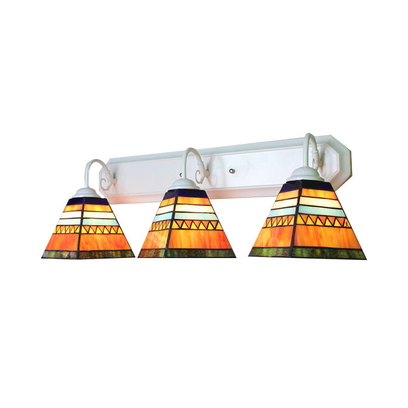 Pyramid Stained Glass Sconce Light Fixture Tiffany 3 Heads Orange Wall Mount Light Clearhalo 'Industrial' 'Middle century wall lights' 'Tiffany wall lights' 'Tiffany' 'Wall Lamps & Sconces' 'Wall Lights' Lighting' 180760