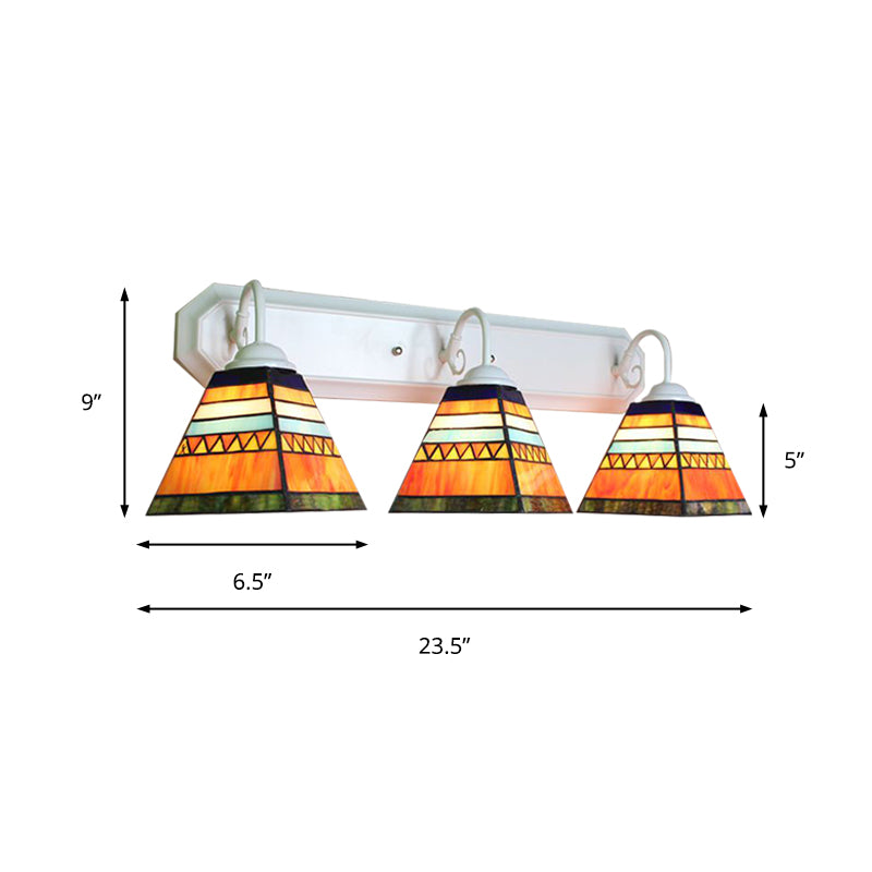 Pyramid Stained Glass Sconce Light Fixture Tiffany 3 Heads Orange Wall Mount Light Clearhalo 'Industrial' 'Middle century wall lights' 'Tiffany wall lights' 'Tiffany' 'Wall Lamps & Sconces' 'Wall Lights' Lighting' 180761