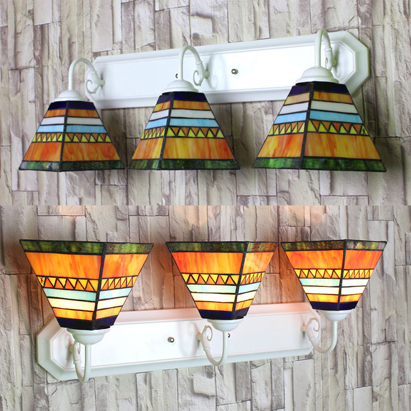 Pyramid Stained Glass Sconce Light Fixture Tiffany 3 Heads Orange Wall Mount Light Clearhalo 'Industrial' 'Middle century wall lights' 'Tiffany wall lights' 'Tiffany' 'Wall Lamps & Sconces' 'Wall Lights' Lighting' 180762