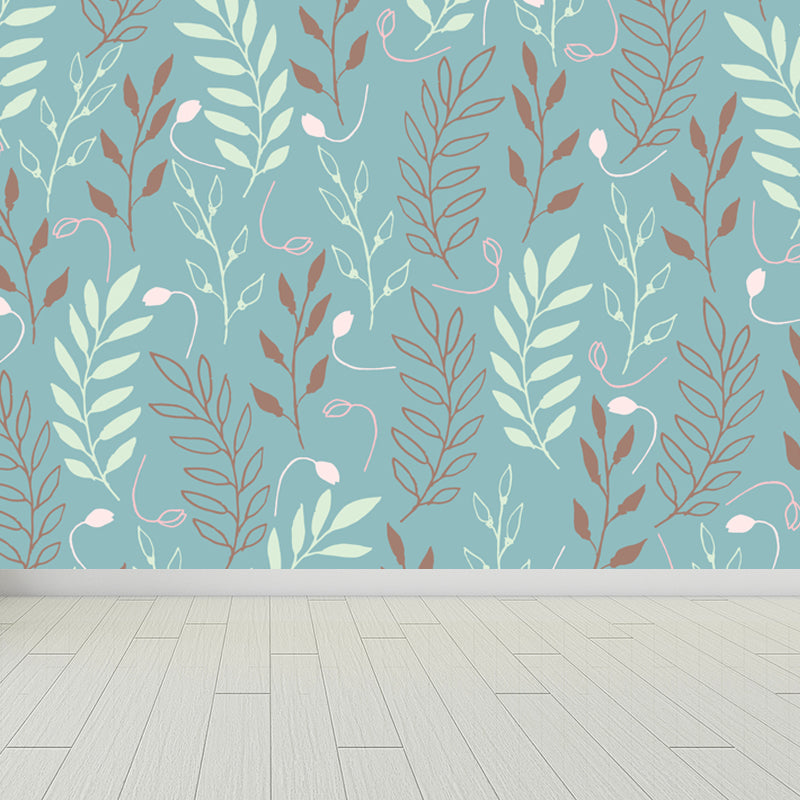 Illustration Flower Foliage Mural for House Interior, Soft Color, Custom Size Available Clearhalo 'Wall Decor' 'Wall Mural' 1807620