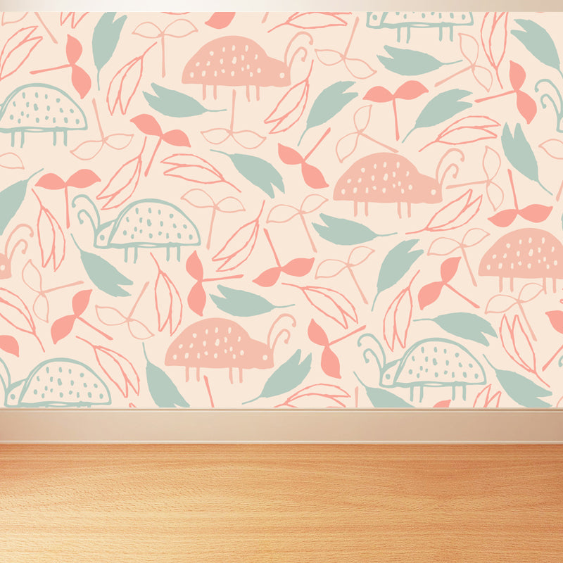 Illustration Flower Foliage Mural for House Interior, Soft Color, Custom Size Available Pink Clearhalo 'Wall Decor' 'Wall Mural' 1807623