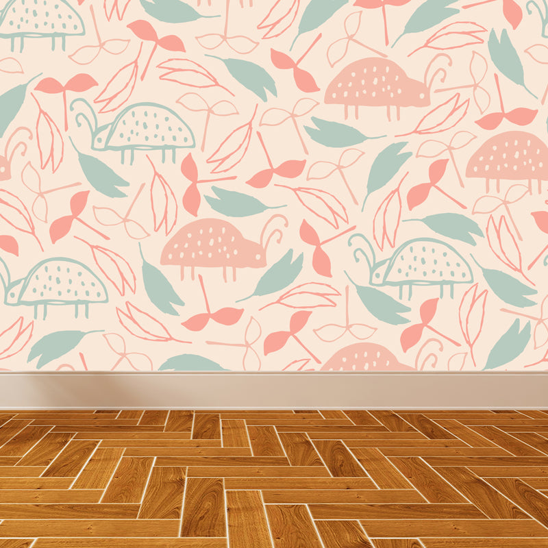 Illustration Flower Foliage Mural for House Interior, Soft Color, Custom Size Available Clearhalo 'Wall Decor' 'Wall Mural' 1807624