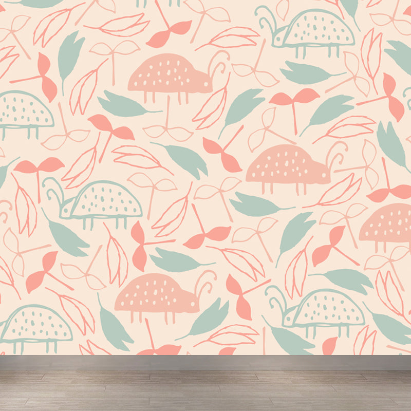 Illustration Flower Foliage Mural for House Interior, Soft Color, Custom Size Available Clearhalo 'Wall Decor' 'Wall Mural' 1807625