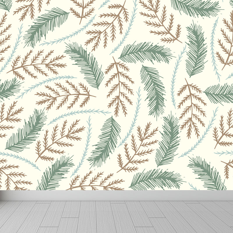 Illustration Flower Foliage Mural for House Interior, Soft Color, Custom Size Available Green Clearhalo 'Wall Decor' 'Wall Mural' 1807628