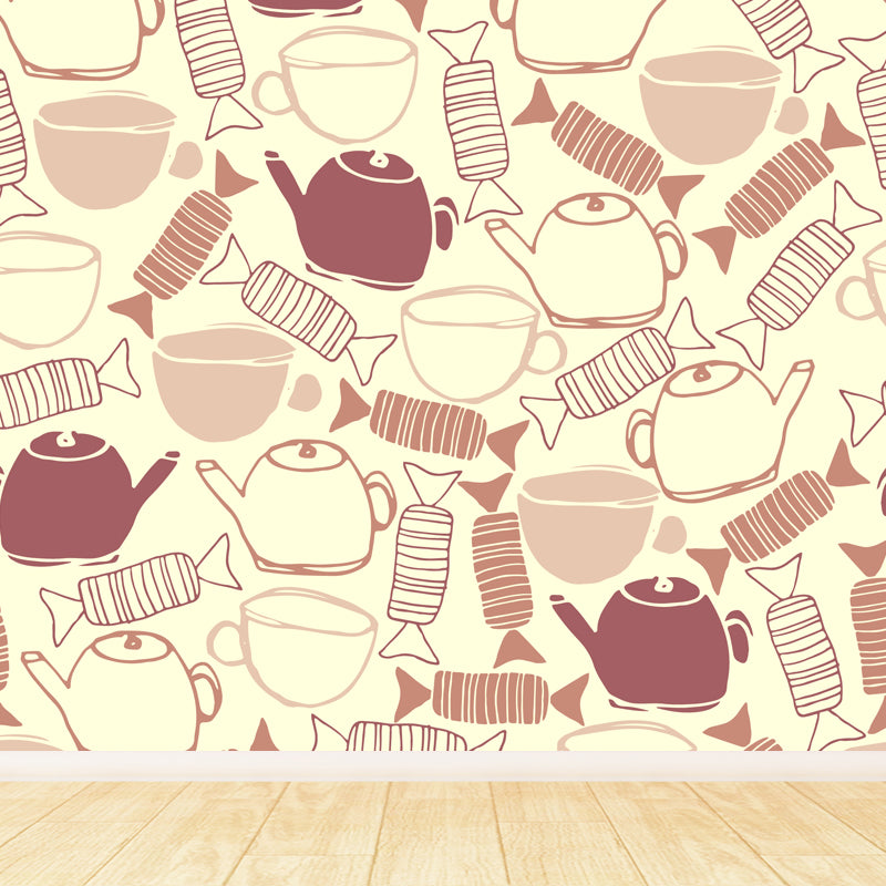 Illustration Flower Foliage Mural for House Interior, Soft Color, Custom Size Available Brown Clearhalo 'Wall Decor' 'Wall Mural' 1807638