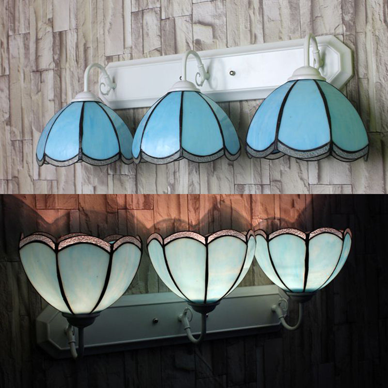 Petal Wall Lighting Fixture Tiffany Blue Glass 1 Head White Sconce Light with Linear Backplate Blue Clearhalo 'Industrial' 'Middle century wall lights' 'Tiffany wall lights' 'Tiffany' 'Wall Lamps & Sconces' 'Wall Lights' Lighting' 180774