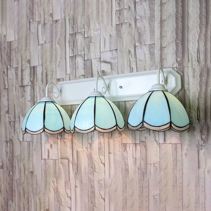 Petal Wall Lighting Fixture Tiffany Blue Glass 1 Head White Sconce Light with Linear Backplate Clearhalo 'Industrial' 'Middle century wall lights' 'Tiffany wall lights' 'Tiffany' 'Wall Lamps & Sconces' 'Wall Lights' Lighting' 180775
