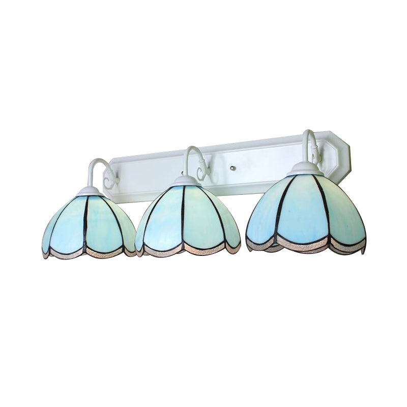 Petal Wall Lighting Fixture Tiffany Blue Glass 1 Head White Sconce Light with Linear Backplate Clearhalo 'Industrial' 'Middle century wall lights' 'Tiffany wall lights' 'Tiffany' 'Wall Lamps & Sconces' 'Wall Lights' Lighting' 180776