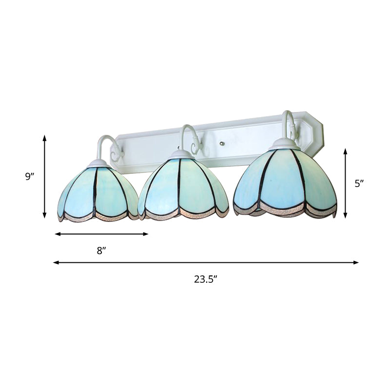 Petal Wall Lighting Fixture Tiffany Blue Glass 1 Head White Sconce Light with Linear Backplate Clearhalo 'Industrial' 'Middle century wall lights' 'Tiffany wall lights' 'Tiffany' 'Wall Lamps & Sconces' 'Wall Lights' Lighting' 180777