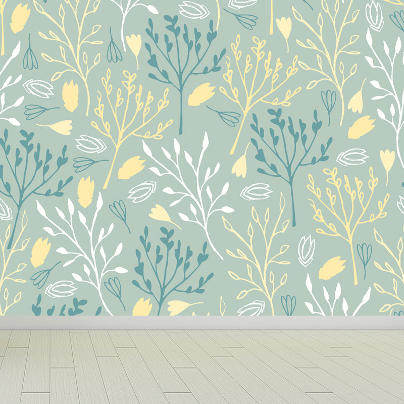 Botanical Print Mural Wallpaper Pastel Color Contemporary Wall Covering for Bedroom Light Green Clearhalo 'Wall Decor' 'Wall Mural' 1807813