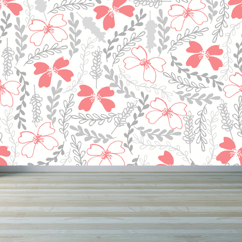 Modern Leaves Mural Decal Light Color Stain Resistant Wall Covering for Bathroom Red Clearhalo 'Wall Decor' 'Wall Mural' 1807818