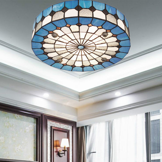 16"/23.5" W Round Ceiling Light Fixture Tiffany Style Stained Glass 3/4 Lights Flushmount Light in Blue for Living Room Clearhalo 'Ceiling Lights' 'Close To Ceiling Lights' 'Close to ceiling' 'Flush mount' Lighting' 180782