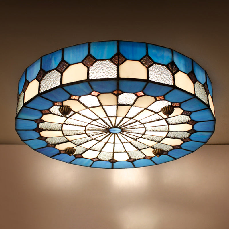 16"/23.5" W Round Ceiling Light Fixture Tiffany Style Stained Glass 3/4 Lights Flushmount Light in Blue for Living Room Blue Clearhalo 'Ceiling Lights' 'Close To Ceiling Lights' 'Close to ceiling' 'Flush mount' Lighting' 180783