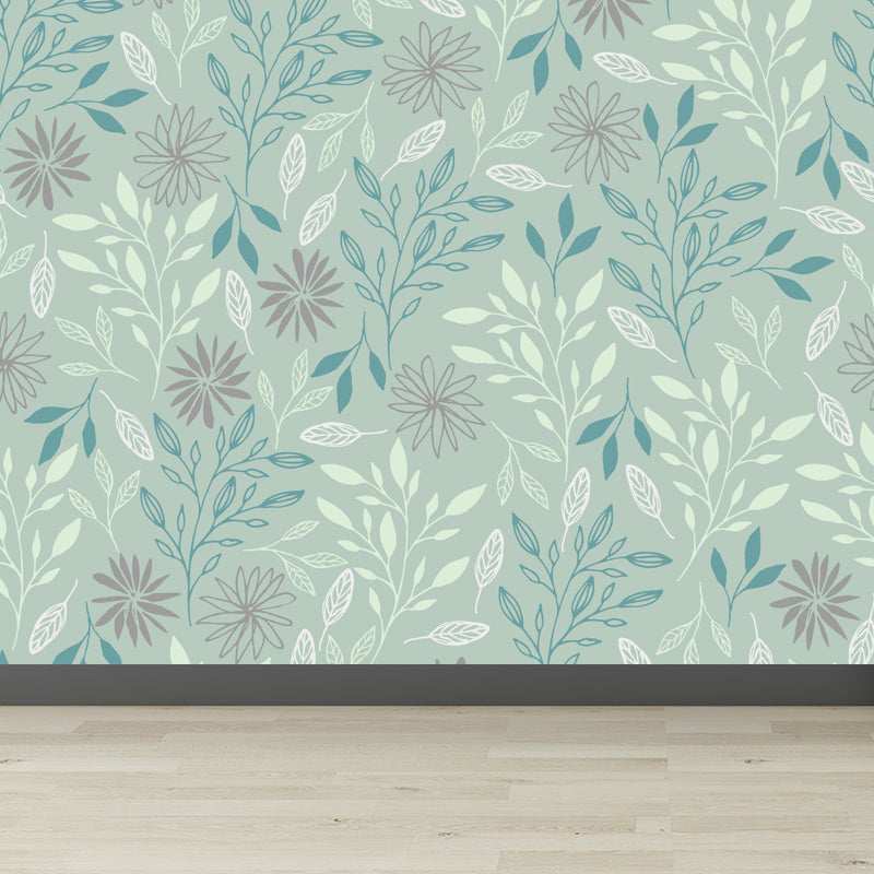 Modern Leaves Mural Decal Light Color Stain Resistant Wall Covering for Bathroom Green Clearhalo 'Wall Decor' 'Wall Mural' 1807833