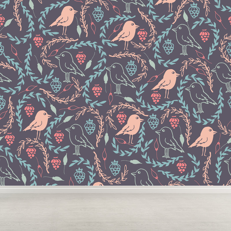 Illustration Leaves Pattern Wall Mural for Living Room, Pastel Color, Personalized Dark Purple Clearhalo 'Wall Decor' 'Wall Mural' 1807843