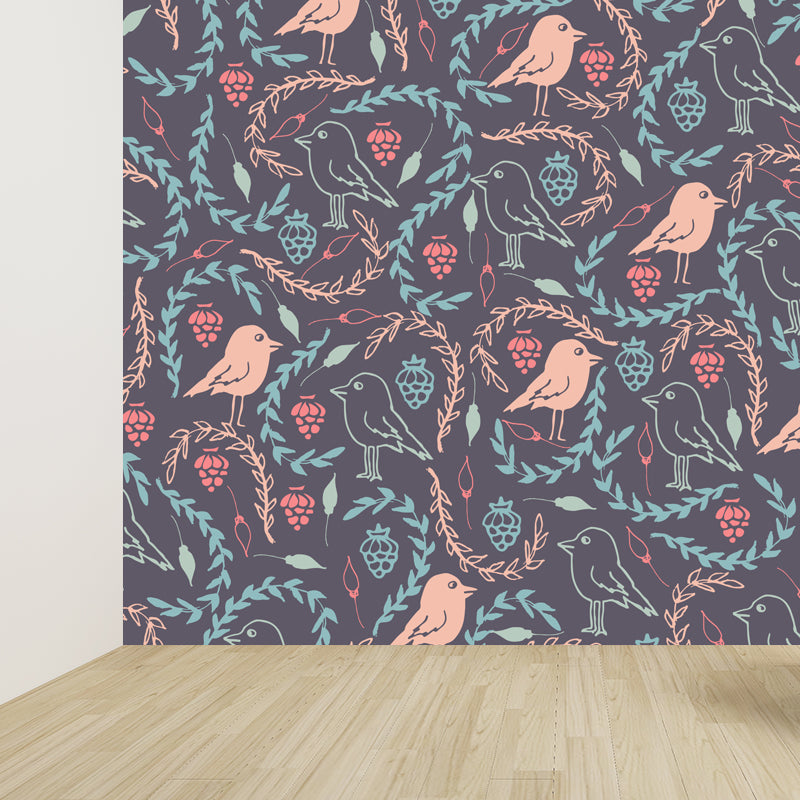 Illustration Leaves Pattern Wall Mural for Living Room, Pastel Color, Personalized Clearhalo 'Wall Decor' 'Wall Mural' 1807844