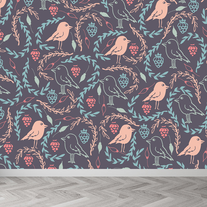 Illustration Leaves Pattern Wall Mural for Living Room, Pastel Color, Personalized Clearhalo 'Wall Decor' 'Wall Mural' 1807845