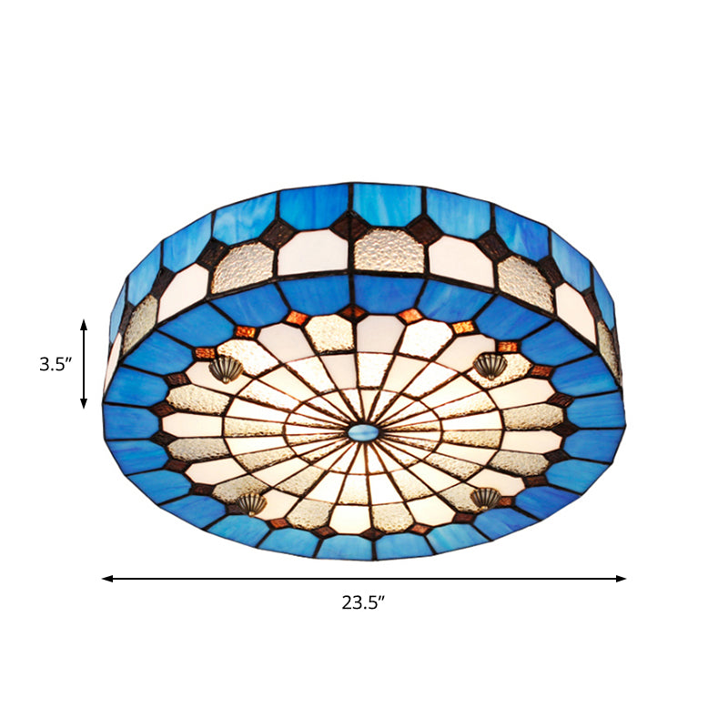 16"/23.5" W Round Ceiling Light Fixture Tiffany Style Stained Glass 3/4 Lights Flushmount Light in Blue for Living Room Clearhalo 'Ceiling Lights' 'Close To Ceiling Lights' 'Close to ceiling' 'Flush mount' Lighting' 180786