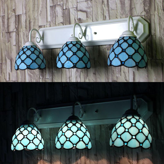 3 Heads Dome Wall Mounted Light Tiffany Blue Glass Sconce Light Fixture with Linear Backplate Blue Clearhalo 'Industrial' 'Middle century wall lights' 'Tiffany wall lights' 'Tiffany' 'Wall Lamps & Sconces' 'Wall Lights' Lighting' 180788