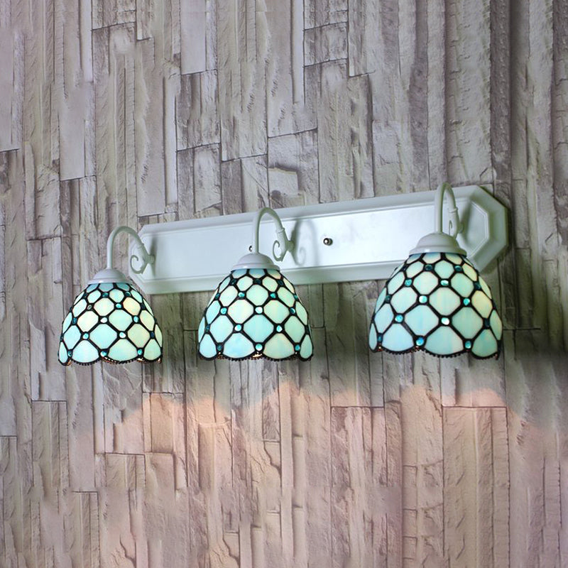 3 Heads Dome Wall Mounted Light Tiffany Blue Glass Sconce Light Fixture with Linear Backplate Clearhalo 'Industrial' 'Middle century wall lights' 'Tiffany wall lights' 'Tiffany' 'Wall Lamps & Sconces' 'Wall Lights' Lighting' 180789