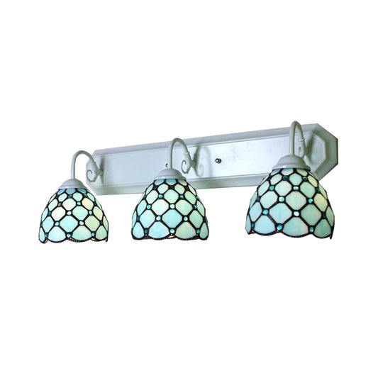 3 Heads Dome Wall Mounted Light Tiffany Blue Glass Sconce Light Fixture with Linear Backplate Clearhalo 'Industrial' 'Middle century wall lights' 'Tiffany wall lights' 'Tiffany' 'Wall Lamps & Sconces' 'Wall Lights' Lighting' 180790