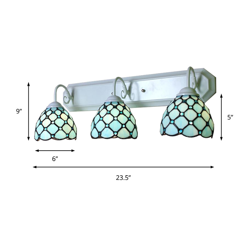 3 Heads Dome Wall Mounted Light Tiffany Blue Glass Sconce Light Fixture with Linear Backplate Clearhalo 'Industrial' 'Middle century wall lights' 'Tiffany wall lights' 'Tiffany' 'Wall Lamps & Sconces' 'Wall Lights' Lighting' 180791