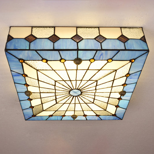 12"/16" W Blue Square Flushmount Light Tiffany Style Stained Glass 1 Light Ceiling Light Fixture for Dining Room Blue Clearhalo 'Ceiling Lights' 'Close To Ceiling Lights' 'Close to ceiling' 'Flush mount' Lighting' 180796