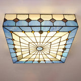 12"/16" W Blue Square Flushmount Light Tiffany Style Stained Glass 1 Light Ceiling Light Fixture for Dining Room Blue Clearhalo 'Ceiling Lights' 'Close To Ceiling Lights' 'Close to ceiling' 'Flush mount' Lighting' 180796