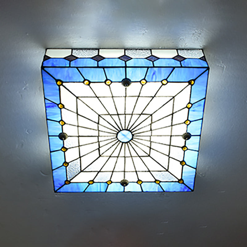 12"/16" W Blue Square Flushmount Light Tiffany Style Stained Glass 1 Light Ceiling Light Fixture for Dining Room Clearhalo 'Ceiling Lights' 'Close To Ceiling Lights' 'Close to ceiling' 'Flush mount' Lighting' 180797