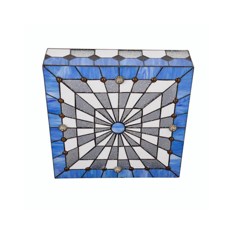 12"/16" W Blue Square Flushmount Light Tiffany Style Stained Glass 1 Light Ceiling Light Fixture for Dining Room Clearhalo 'Ceiling Lights' 'Close To Ceiling Lights' 'Close to ceiling' 'Flush mount' Lighting' 180799