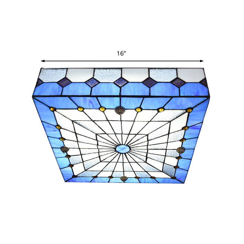 12"/16" W Blue Square Flushmount Light Tiffany Style Stained Glass 1 Light Ceiling Light Fixture for Dining Room Clearhalo 'Ceiling Lights' 'Close To Ceiling Lights' 'Close to ceiling' 'Flush mount' Lighting' 180800