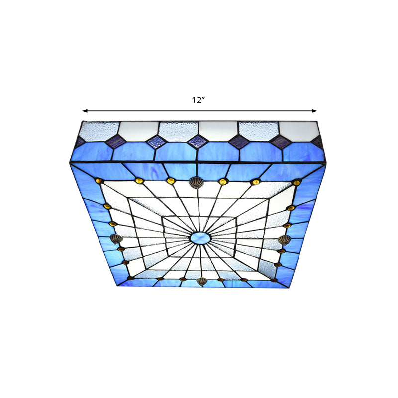 12"/16" W Blue Square Flushmount Light Tiffany Style Stained Glass 1 Light Ceiling Light Fixture for Dining Room Clearhalo 'Ceiling Lights' 'Close To Ceiling Lights' 'Close to ceiling' 'Flush mount' Lighting' 180801