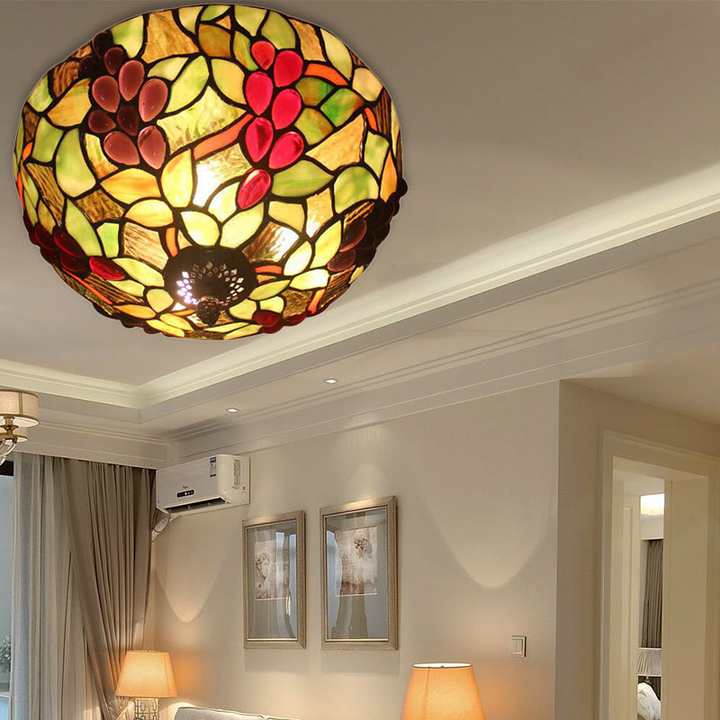 Stained Glass Grapes Ceiling Light Lodge 2 Lights Flushmount Light with Bowl Shade for Bedroom Lighting Clearhalo 'Ceiling Lights' 'Chandeliers' 'Close To Ceiling Lights' 'Close to ceiling' 'Glass shade' 'Glass' 'Semi-flushmount' 'Tiffany close to ceiling' 'Tiffany' Lighting' 180803