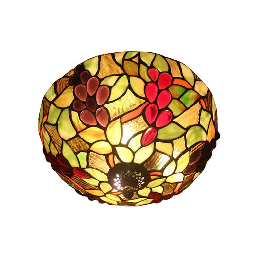 Stained Glass Grapes Ceiling Light Lodge 2 Lights Flushmount Light with Bowl Shade for Bedroom Lighting Clearhalo 'Ceiling Lights' 'Chandeliers' 'Close To Ceiling Lights' 'Close to ceiling' 'Glass shade' 'Glass' 'Semi-flushmount' 'Tiffany close to ceiling' 'Tiffany' Lighting' 180804