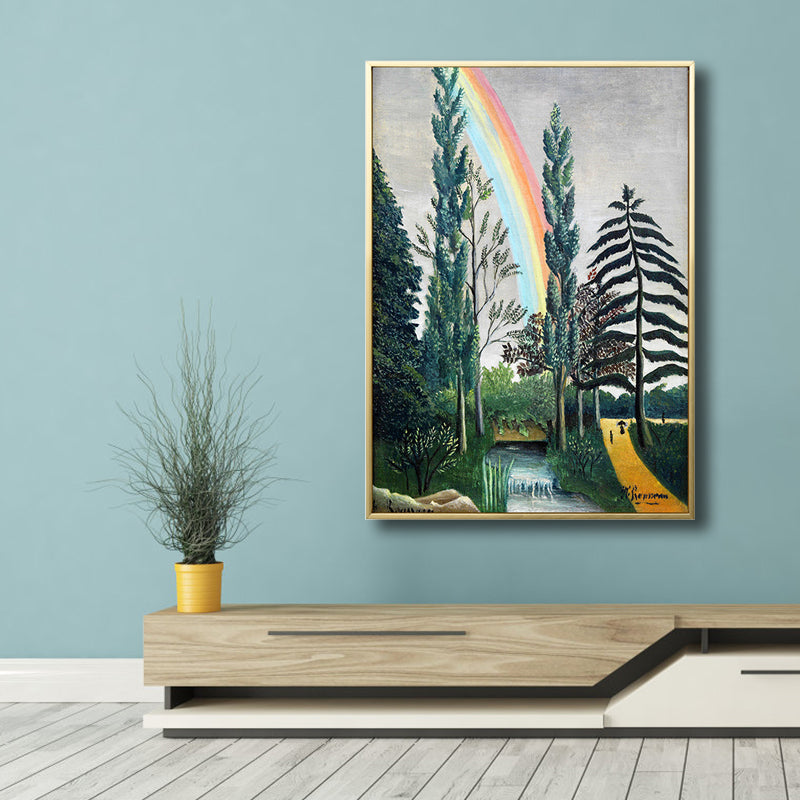 Countryside Rainbow and Cypress Canvas Print Living Room Wall Art Decor in Green Green Clearhalo 'Art Gallery' 'Canvas Art' 'Country Art Gallery' 'French Country' 'Rustic' Arts' 1808066