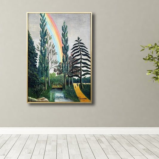 Countryside Rainbow and Cypress Canvas Print Living Room Wall Art Decor in Green Clearhalo 'Art Gallery' 'Canvas Art' 'Country Art Gallery' 'French Country' 'Rustic' Arts' 1808067