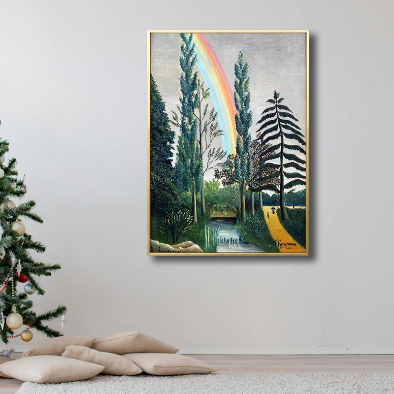 Countryside Rainbow and Cypress Canvas Print Living Room Wall Art Decor in Green Clearhalo 'Art Gallery' 'Canvas Art' 'Country Art Gallery' 'French Country' 'Rustic' Arts' 1808068