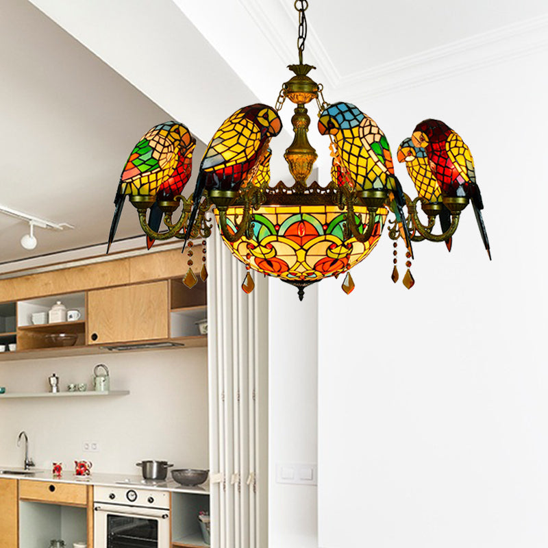 9 Lights Parrot Armed Suspension Light Rustic Stained Glass Chandelier Light in Yellow for Villa Yellow Clearhalo 'Ceiling Lights' 'Chandeliers' 'Industrial' 'Middle Century Chandeliers' 'Tiffany Chandeliers' 'Tiffany close to ceiling' 'Tiffany' Lighting' 180807