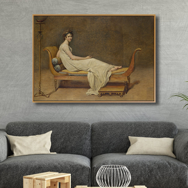 Donna sulla sedia che dipinge l'arte di tela in stile retrò marrone per camera da letto, dimensioni opzionali