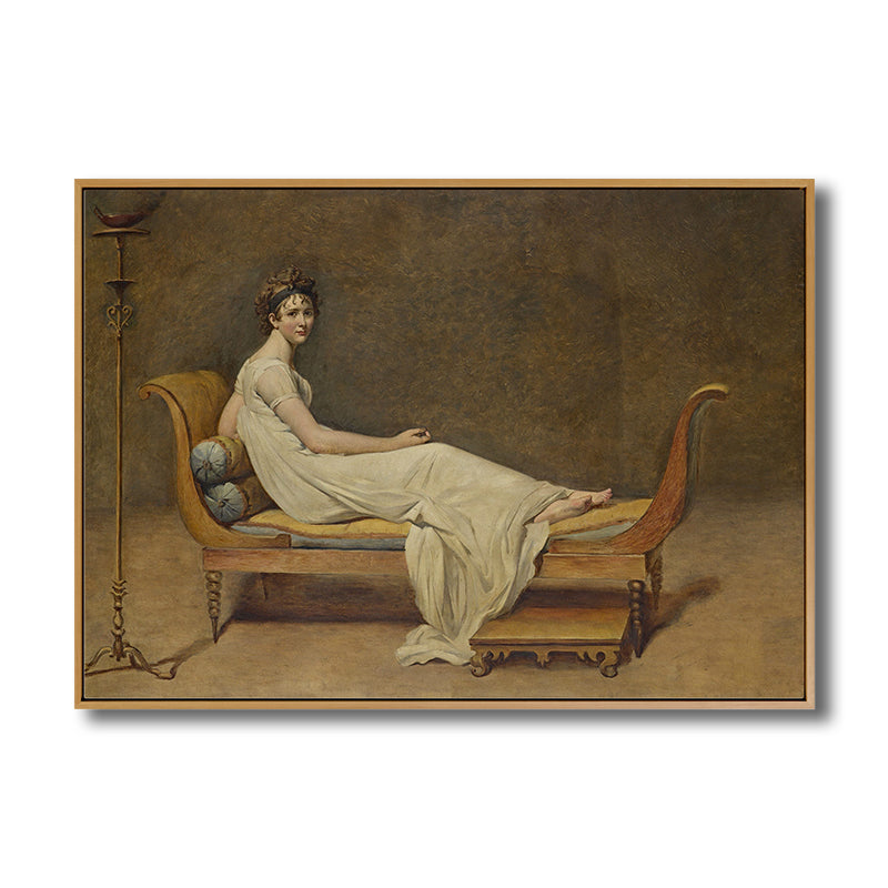 Donna sulla sedia che dipinge l'arte di tela in stile retrò marrone per camera da letto, dimensioni opzionali