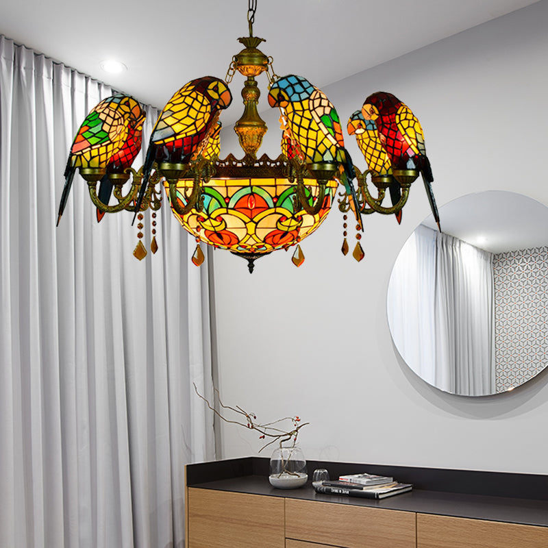9 Lights Parrot Armed Suspension Light Rustic Stained Glass Chandelier Light in Yellow for Villa Clearhalo 'Ceiling Lights' 'Chandeliers' 'Industrial' 'Middle Century Chandeliers' 'Tiffany Chandeliers' 'Tiffany close to ceiling' 'Tiffany' Lighting' 180808