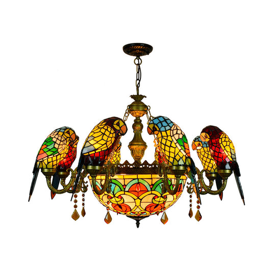 9 Lights Parrot Armed Suspension Light Rustic Stained Glass Chandelier Light in Yellow for Villa Clearhalo 'Ceiling Lights' 'Chandeliers' 'Industrial' 'Middle Century Chandeliers' 'Tiffany Chandeliers' 'Tiffany close to ceiling' 'Tiffany' Lighting' 180809