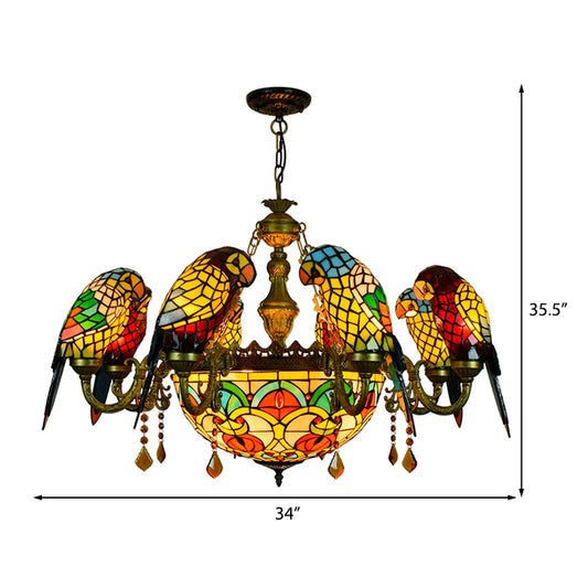 9 Lights Parrot Armed Suspension Light Rustic Stained Glass Chandelier Light in Yellow for Villa Clearhalo 'Ceiling Lights' 'Chandeliers' 'Industrial' 'Middle Century Chandeliers' 'Tiffany Chandeliers' 'Tiffany close to ceiling' 'Tiffany' Lighting' 180810