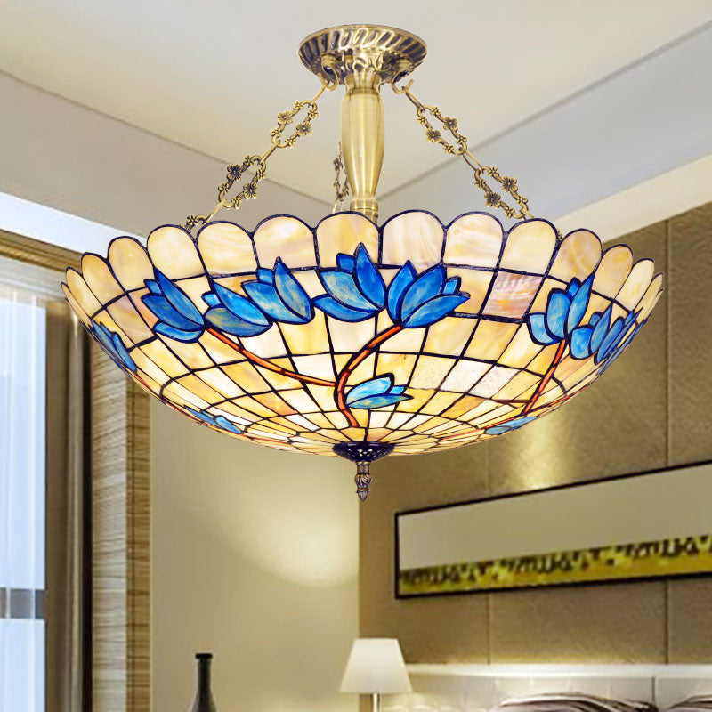 Retro Style Bowl Ceiling Light Fixture Stained Glass 4 Lights Semi Flush Light with Tulip Pattern for Dining Room Beige Clearhalo 'Ceiling Lights' 'Close To Ceiling Lights' 'Close to ceiling' 'Semi-flushmount' 'Tiffany close to ceiling' 'Tiffany' Lighting' 180811